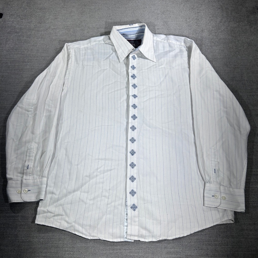 Ecko Unltd Button Down Shirt Mens XL‎ White Good Embroidered Pinstripe Y2K